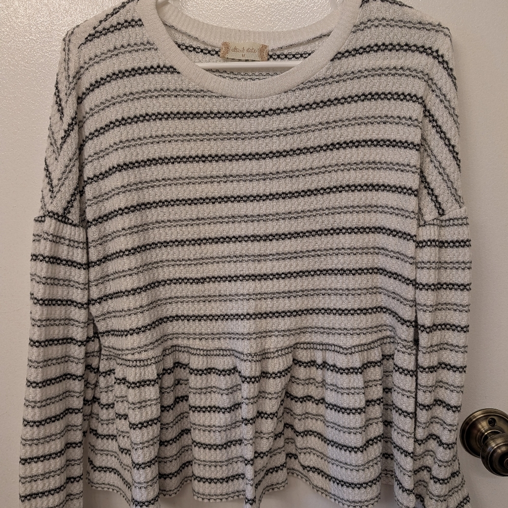 Altar'd State White and Black Striped Peplum Sweater